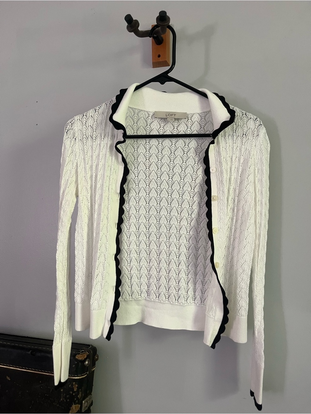 LOFT White Pointelle Black Scalloped Trim Cardigan